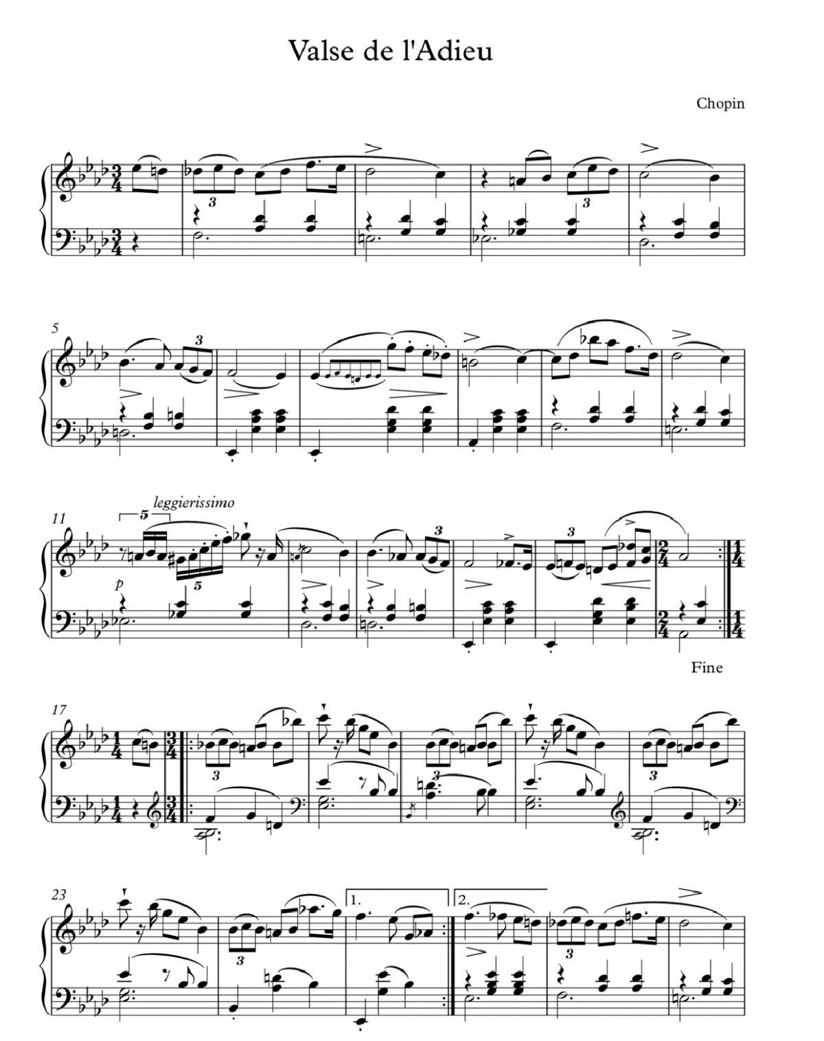 Valse de l'adieu (Op.69 No.1), Chopin Partition piano