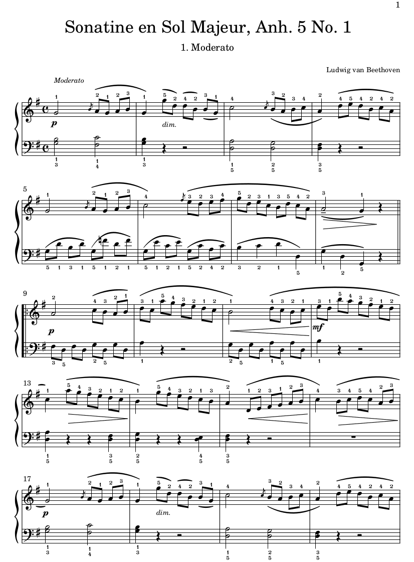 Sonatine en Sol Majeur Beethoven Moderato Partition